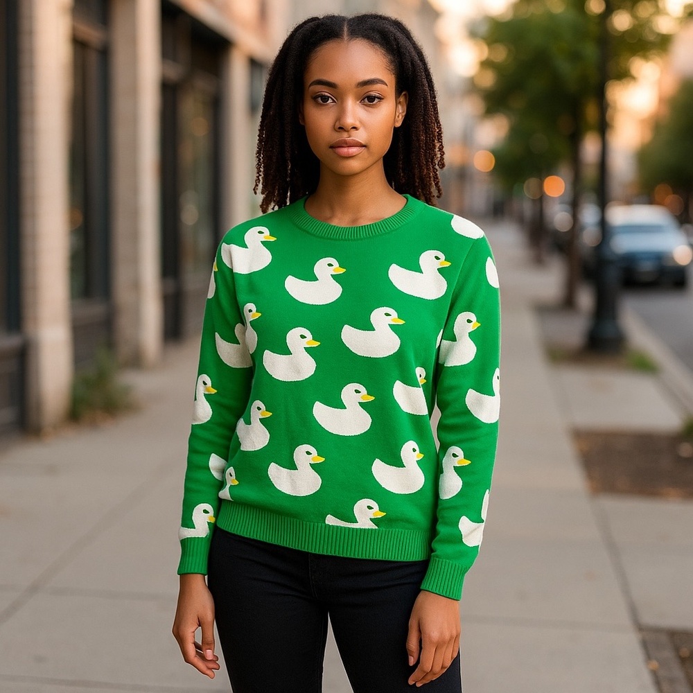 TCEC Green and White Crewneck Sweater with Playful Duck Pattern